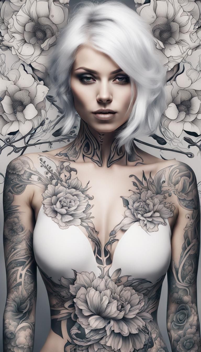 flowers tattooed white-haired beautiful girl, body art, biom...