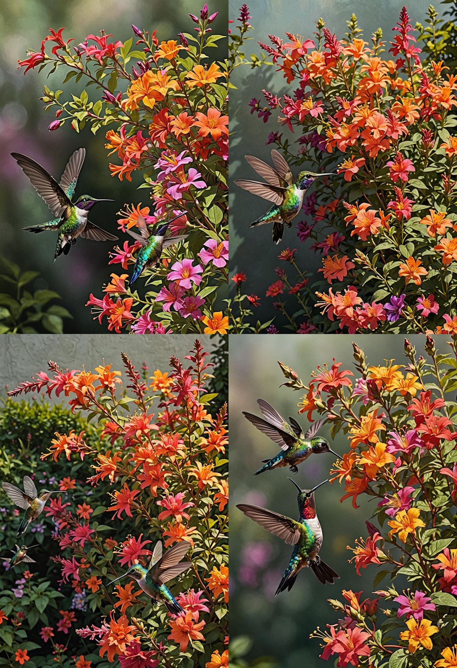 A hummingbird (iridescent colors) flying near (flowers in a ...