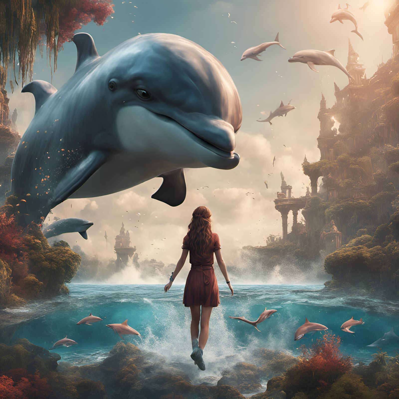 girl playing with dolphins