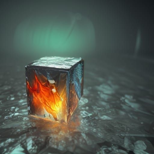 Cube of ice with an single flame of fire inside, elegant, hyperdetailed macro photography sharp focus elemental perfectl...