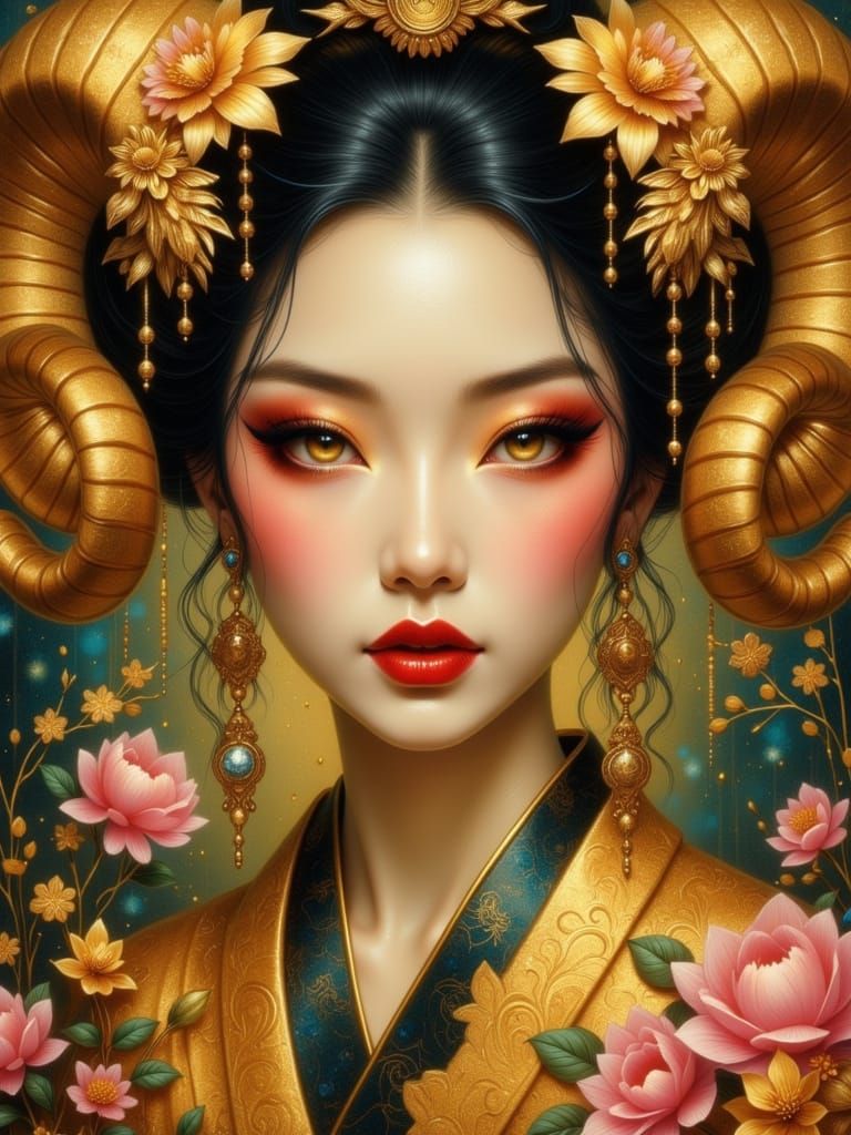 <lora:Extreme Geisha:1.0> <lora:Rehder-flowers:1.0> <lora:Exquisite Flux:1.0> <lora:Ram horns:1.0> A close up of a beautiful geisha woman wi...