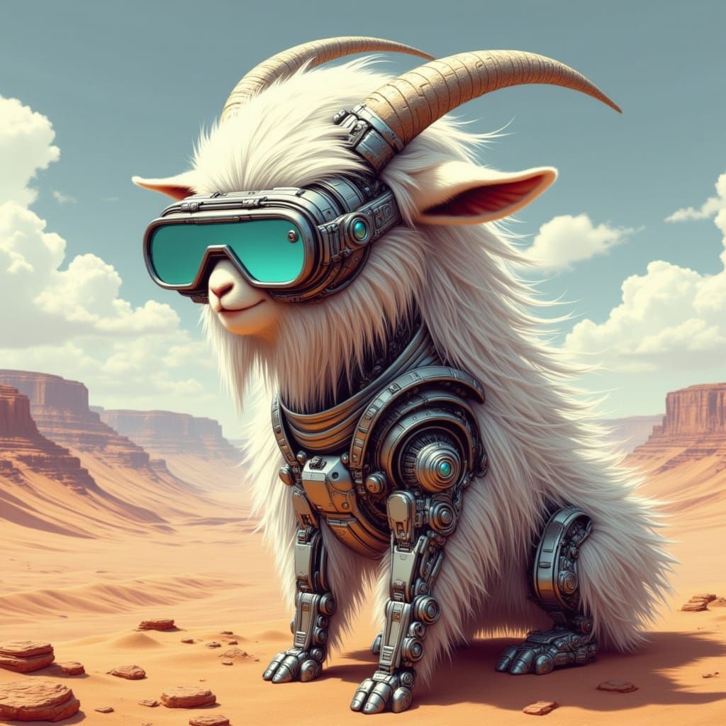<lora:Studio Bebop:1.0> Prompt: Female Riddick goggles cute baby long haired baby goat close up face made into a part metal animal. cybernet...
