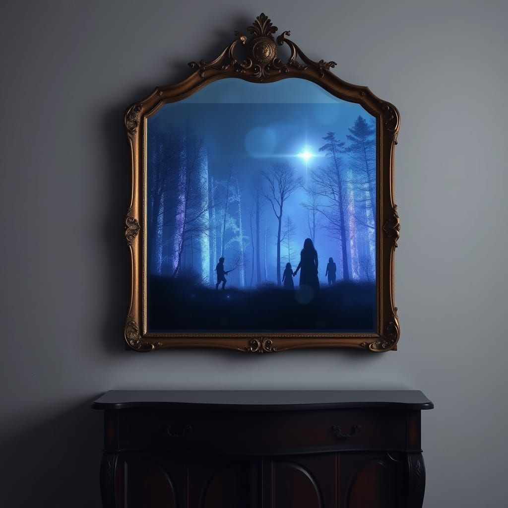 A large antique mirror hangs on a plain wall in a dimly lit room. Instead of reflecting the room, the mirror reveals a surreal forest landsc...