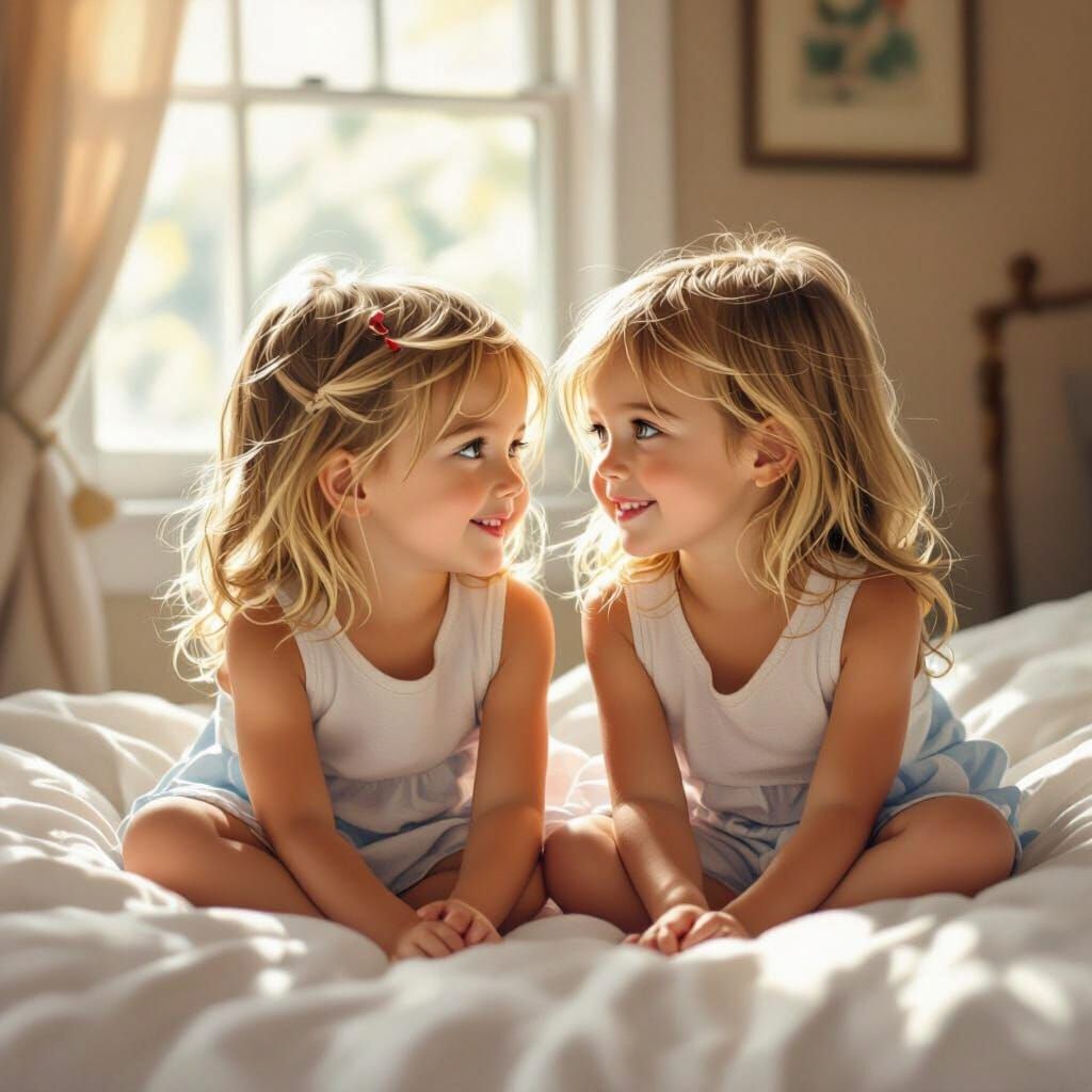 Twin Sisters with Green Eyes and Blonde Hair on Bed