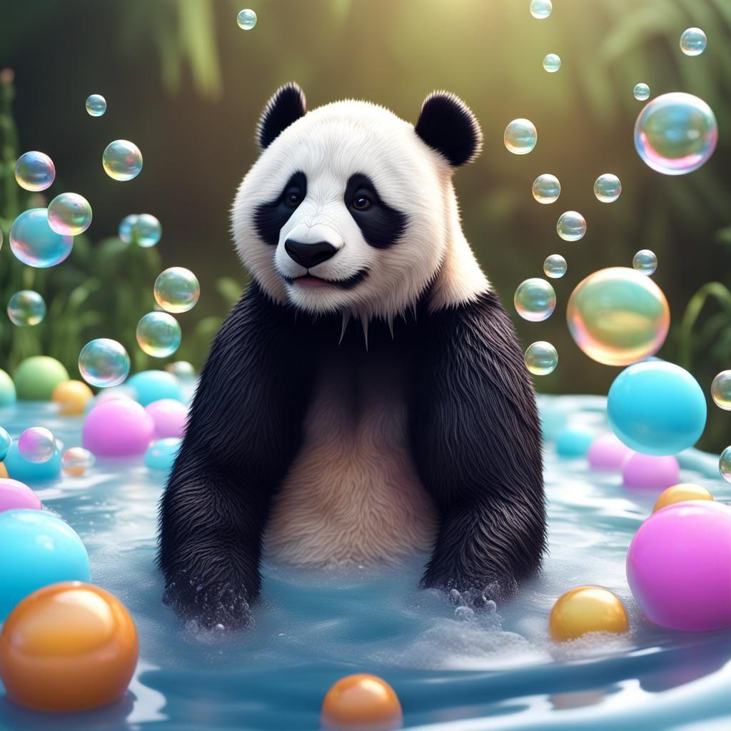 A Panda taking a bubble bath,  intricately detailed hyperdet...