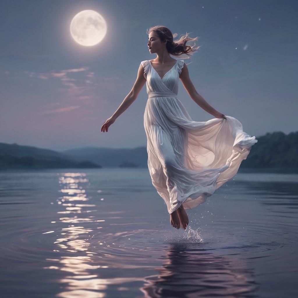 Girl Jumps on Moon in Dreamlike Art Nouveau Style