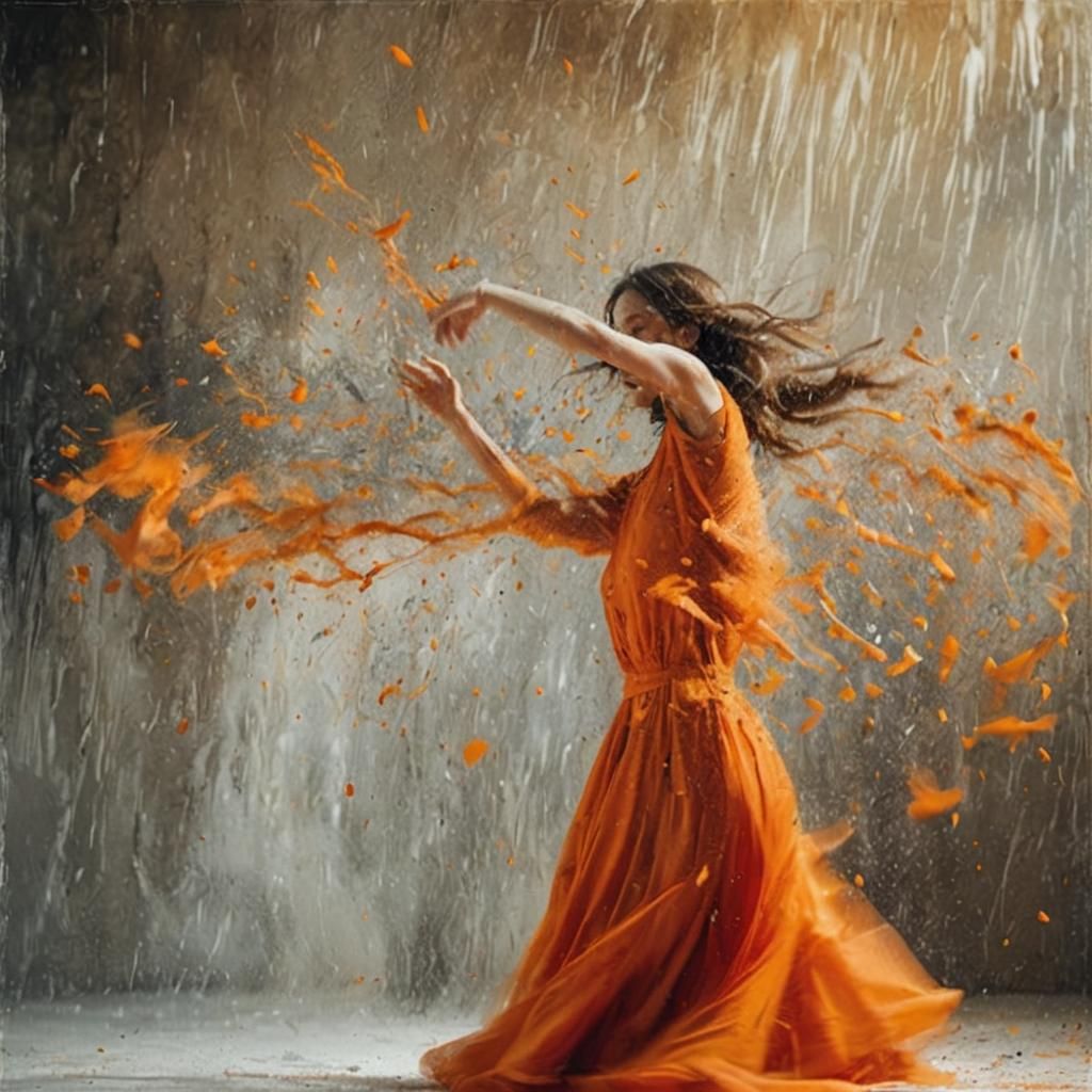 The image depicts a woman in a flowing orange dress, seeming...