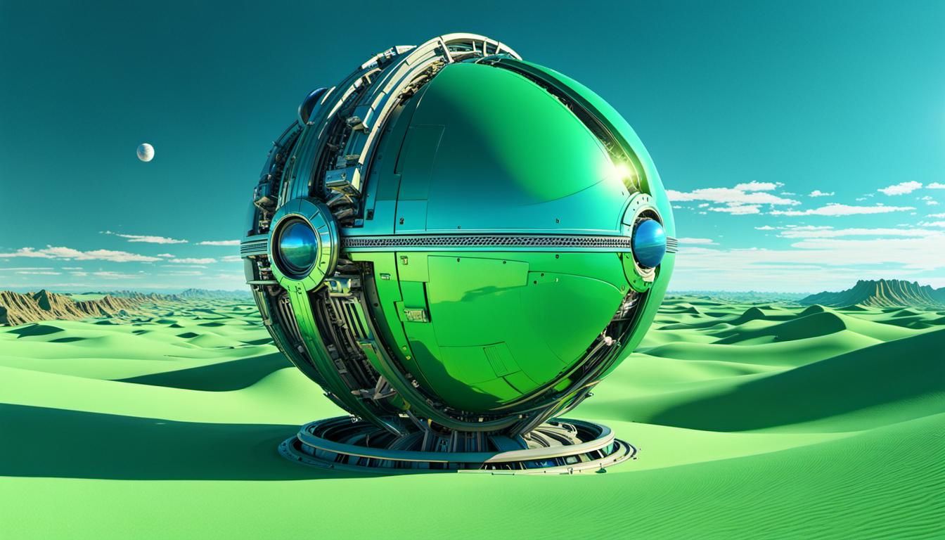 a mechanical sphere floating over a green blue desert, 1970's sci fi ...