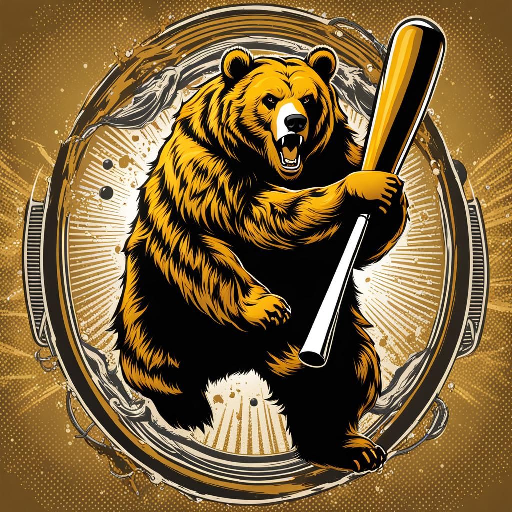 a golden colored grizzly bear swinging a baseball bat