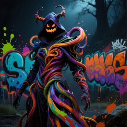 High fantasy epic twisty and twisted Halloween costume, abstractly twisty, dark scenic background, high detail, high quality, graffiti art, ...