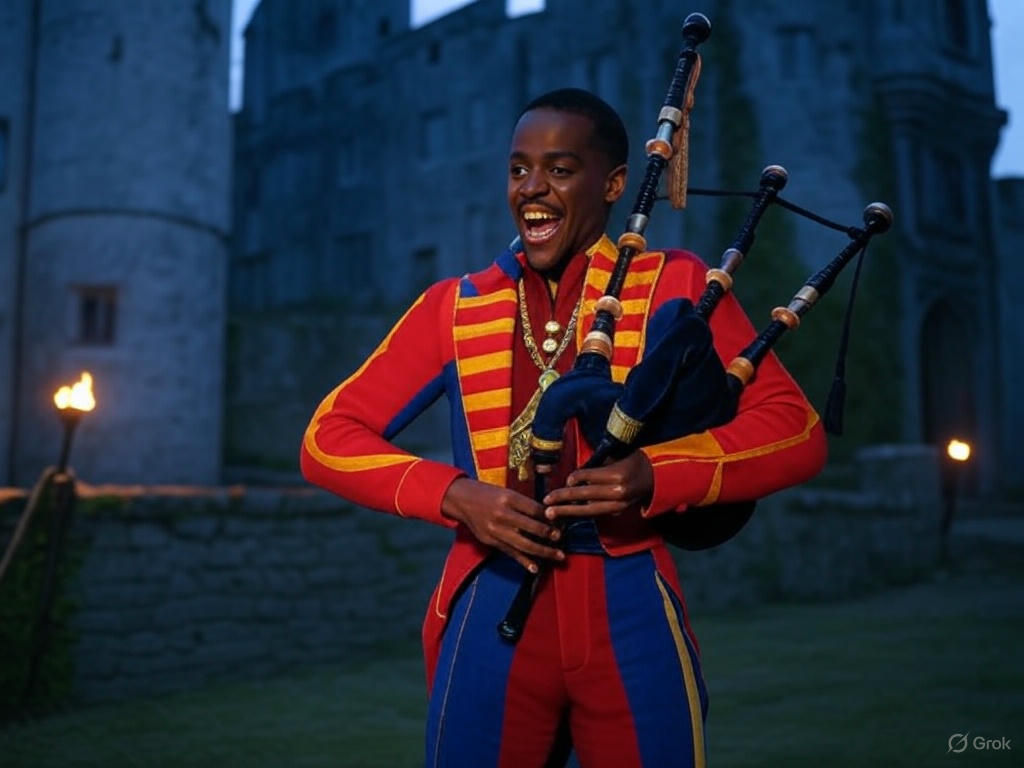 The Fifteenth Doctor is playing a the great Highland Bagpipe...