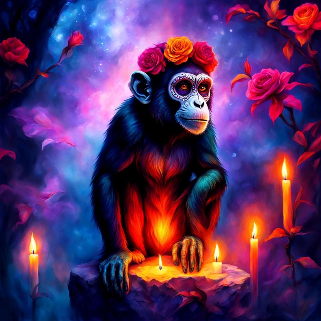 (Day of the Dead makeup on a monkey1.9), Alcohol_ink, Oil paint, deep