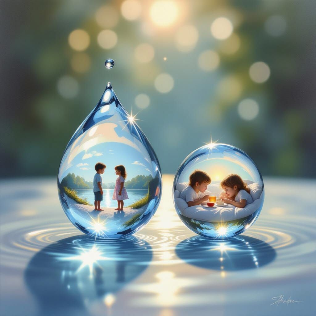 Hyperrealistic Oil Painting of Life Inside Water Droplets