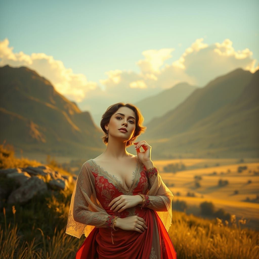 Elegant Woman in Serene Landscape, Inspired by Art Nouveau