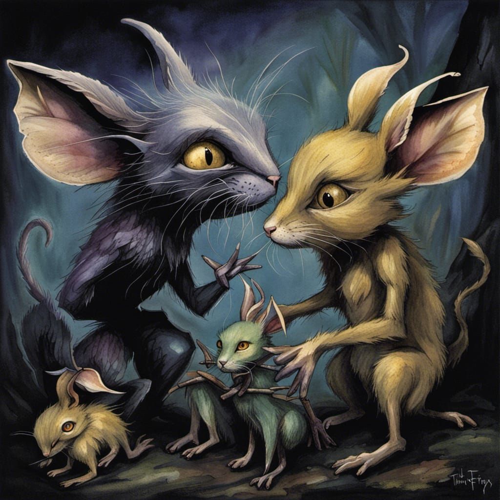 Dark fey creature of the dusk, rodent, cat and rabbit fairy ...