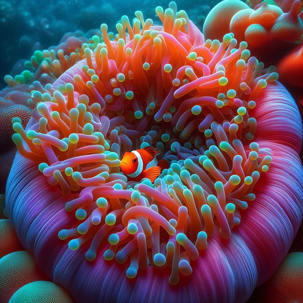 Anemone with a tiny clownfish peeking out