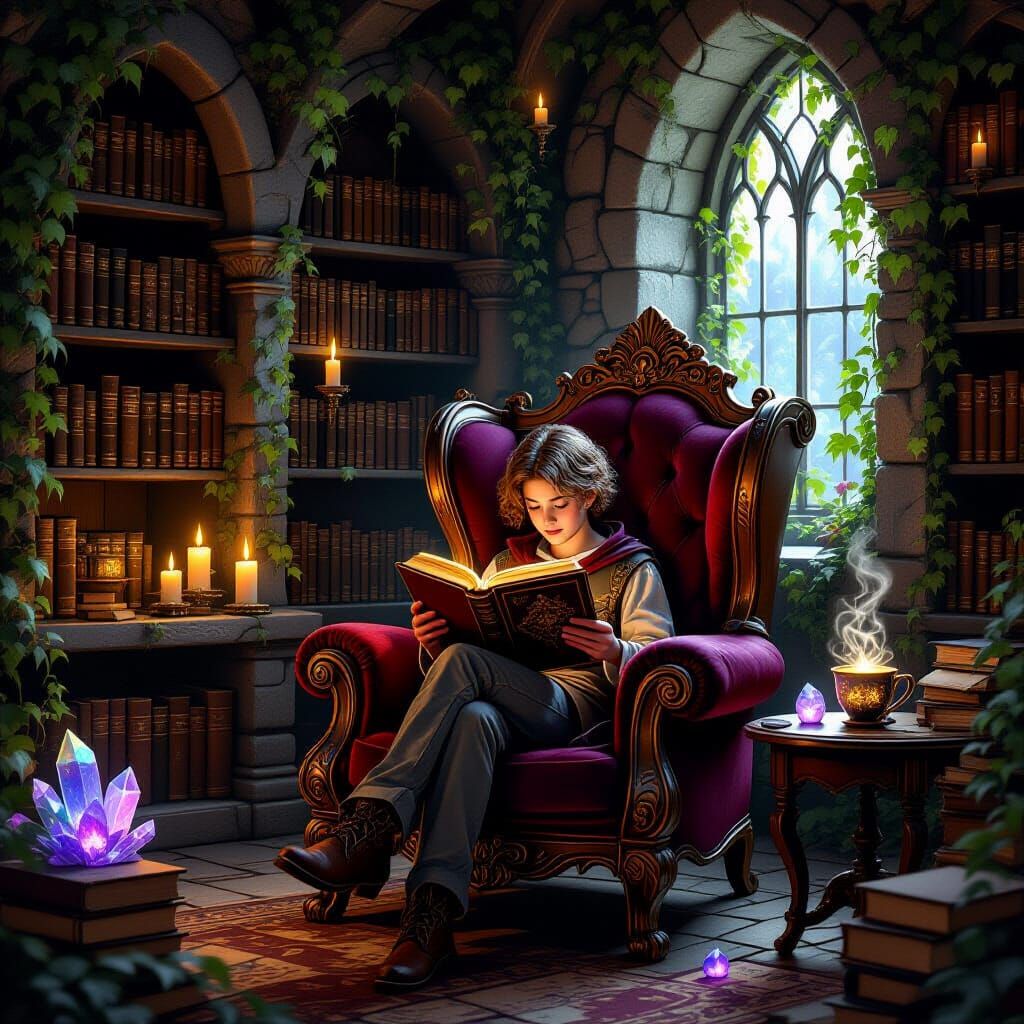 "A magical reading corner in a cozy fantasy setting. A young person sits curled up in an ancient, carved wooden chair with deep burgundy vel...