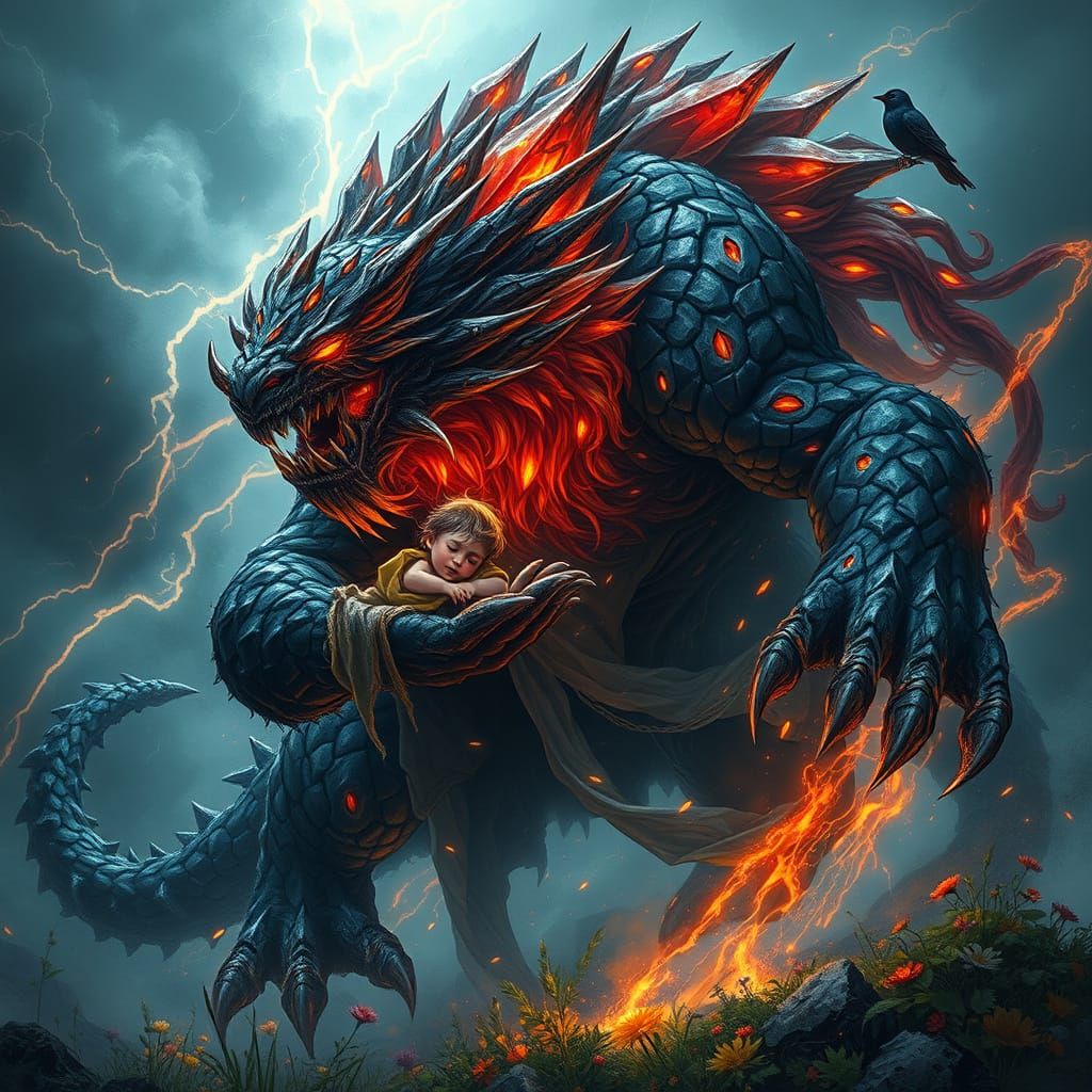 "A towering beast of molten obsidian and jagged crystal, with glowing red eyes and crackling claws, emerging ...  by @hazho