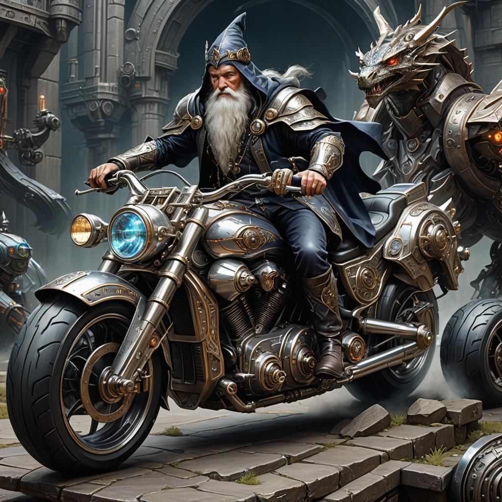A wizard riding a futuristic motorcycle, dungeons and dragons style,  amazingly hyperdetailed a masterpiece award-winnin...