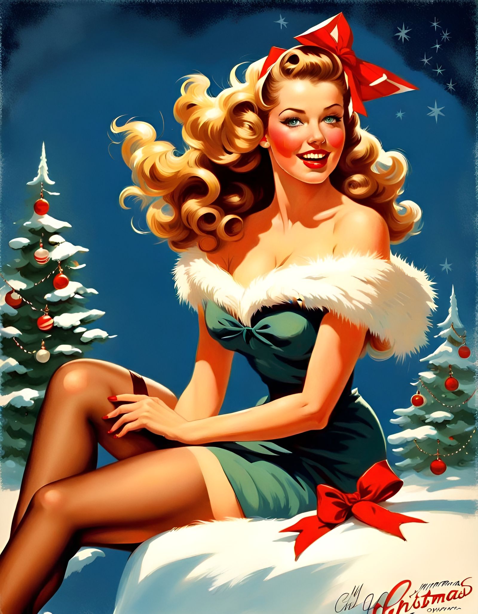 My Open Prompt - Christmas Pin Up Girl, Inspiration of Gil (Gillette)  Elvgren - AI Generated Artwork - NightCafe Creator
