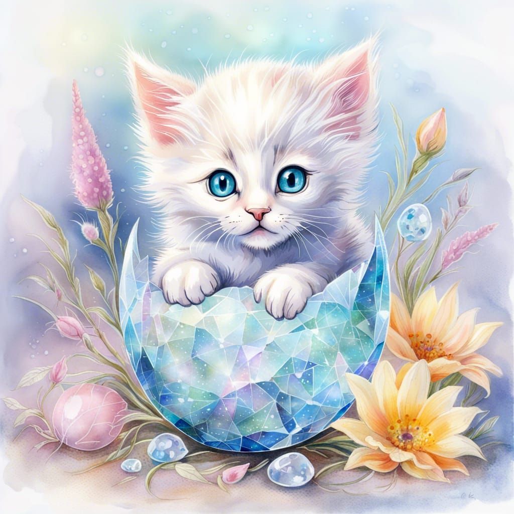 Kitten hatching from crystal egg