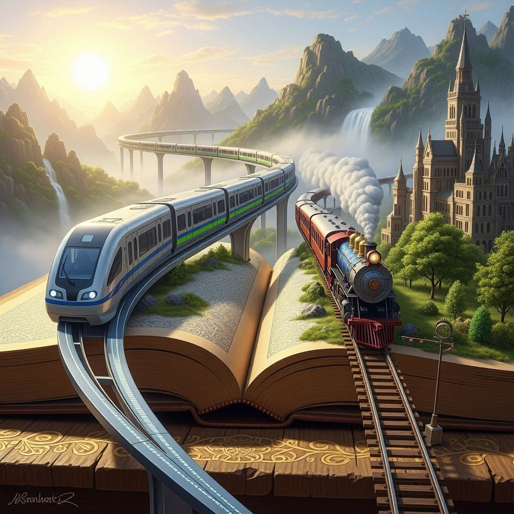  A futuristic maglev train, rendered in delicate color pencil strokes, navigates a winding track within an open book on a wooden table, as a...