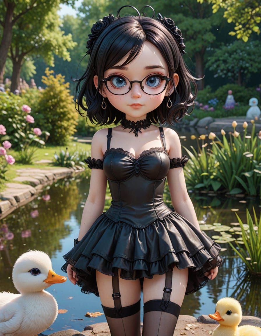 Goth Maiden Feeding Ducks in Park, Photorealistic Pixar Styl...