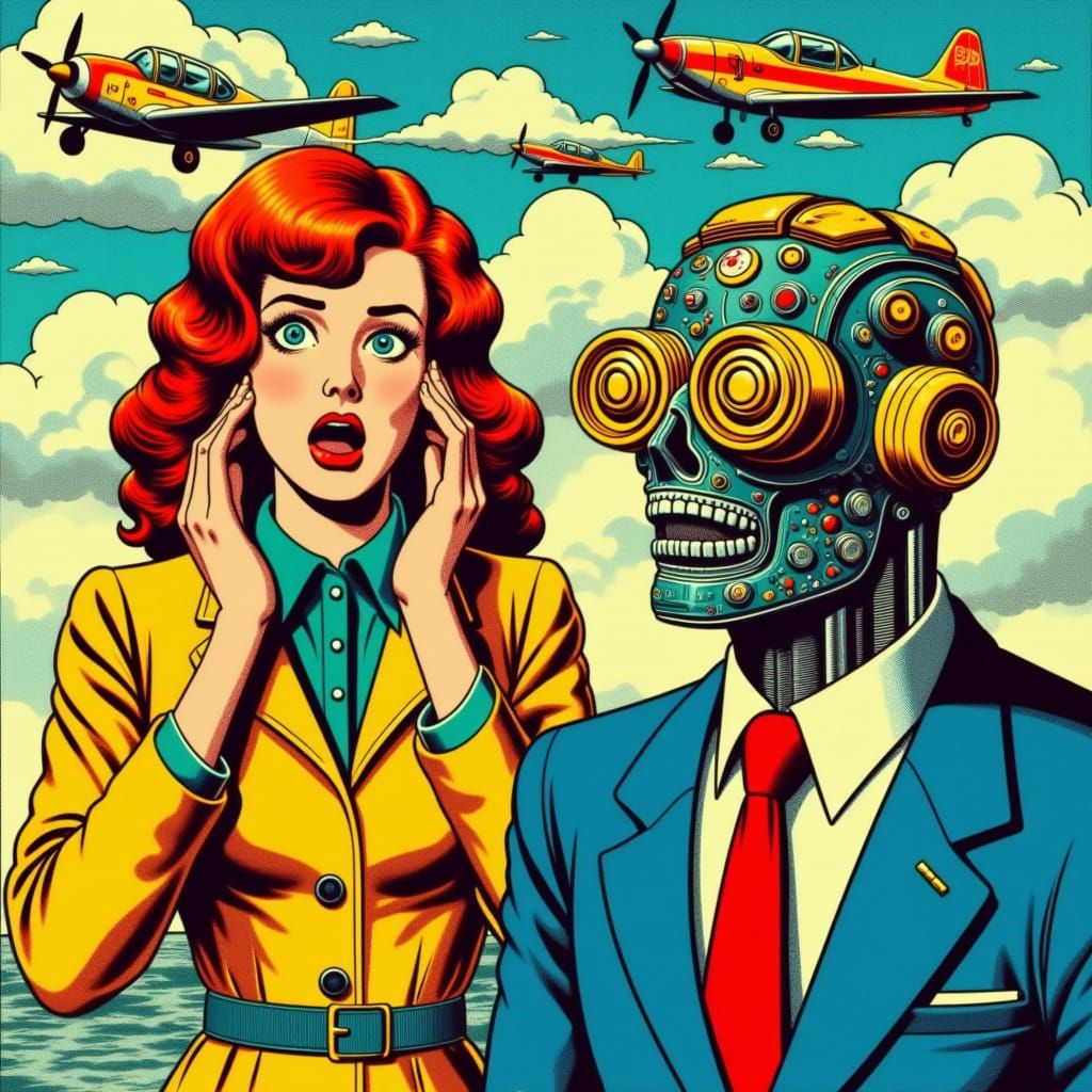 <lora:Distorted Memories:1.0>
Image is a vibrant pop art illustration featuring two figures in a retro comic book style. On the left, a woma...