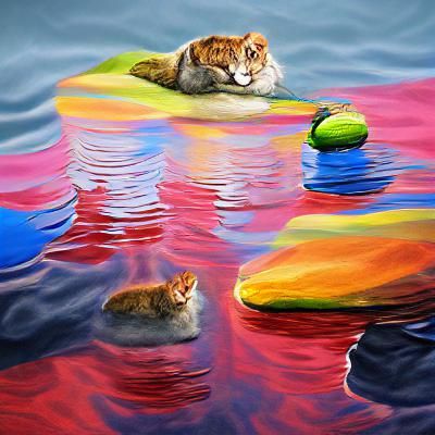 colourful cat on peaceful lake hyperrealistic painting