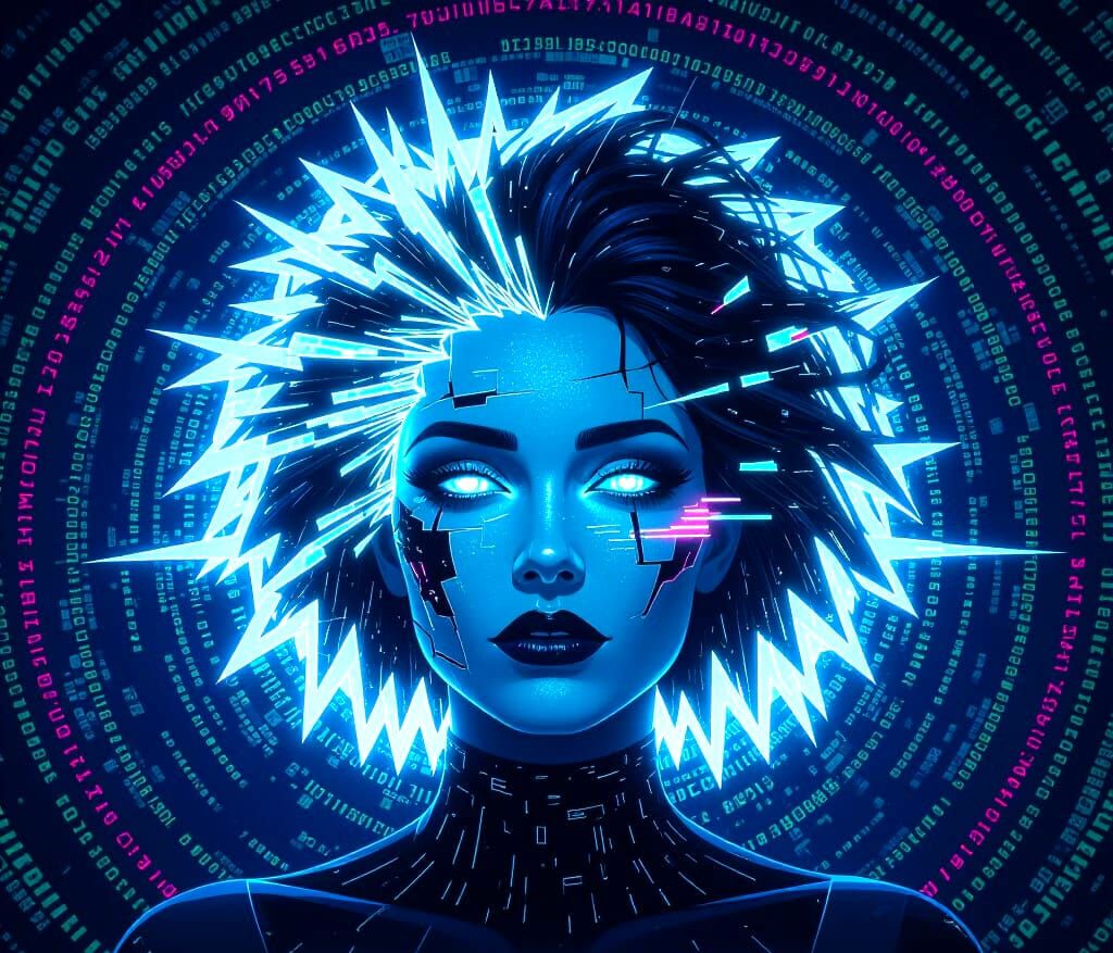 For the "Glitch Portraits" challenge: A portrait of a bioluminescent woman, her face distorted by digital glitches and chromatic aberrations...