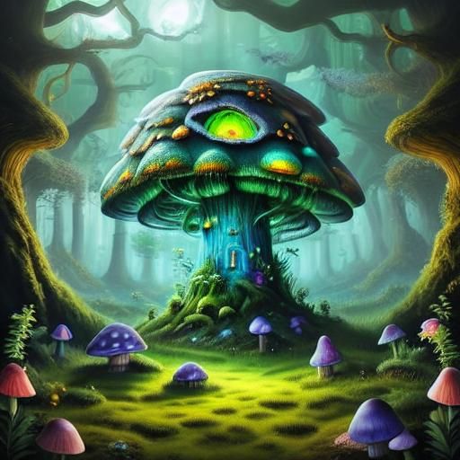 A <lora:Daughters of Chaos:1.0> fairy mushroom house in an enchanted bioluminescent forest.