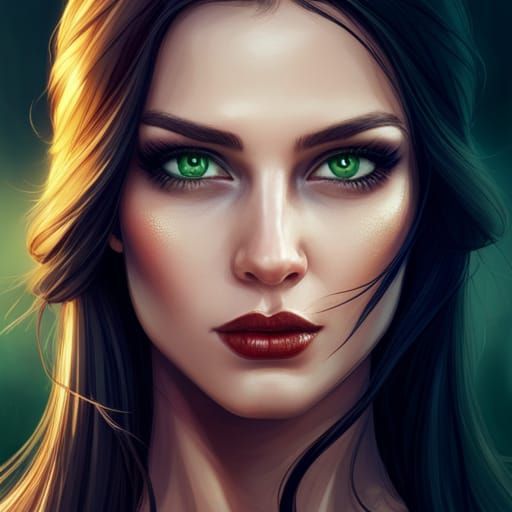 closeup portrait of a beautiful brunette with green eyes a masterpiece ...