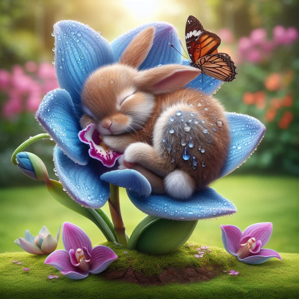 Sleeping bunny in a blue Orchid