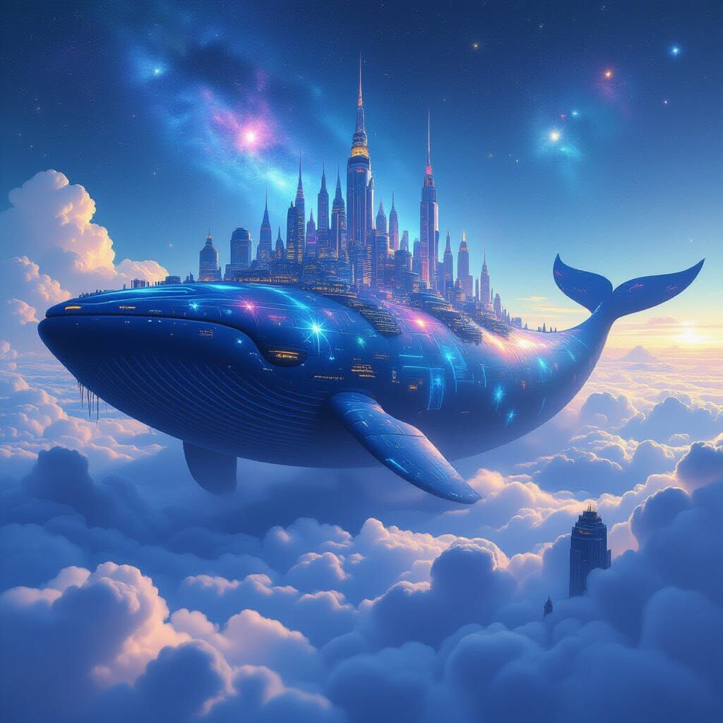 A bustling, futuristic city is built upon the back of a gargantuan, slumbering celestial whale that drifts through the interstellar void. To...