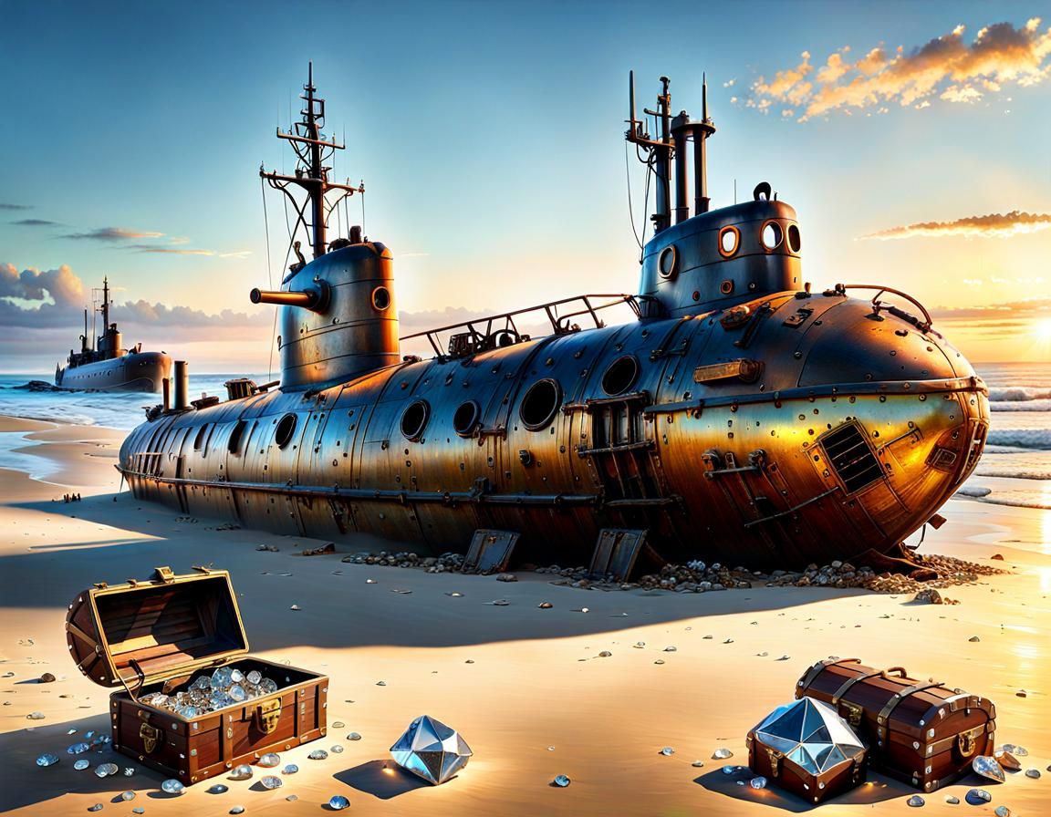 An old wrecked submarine ashore with valuable treasure