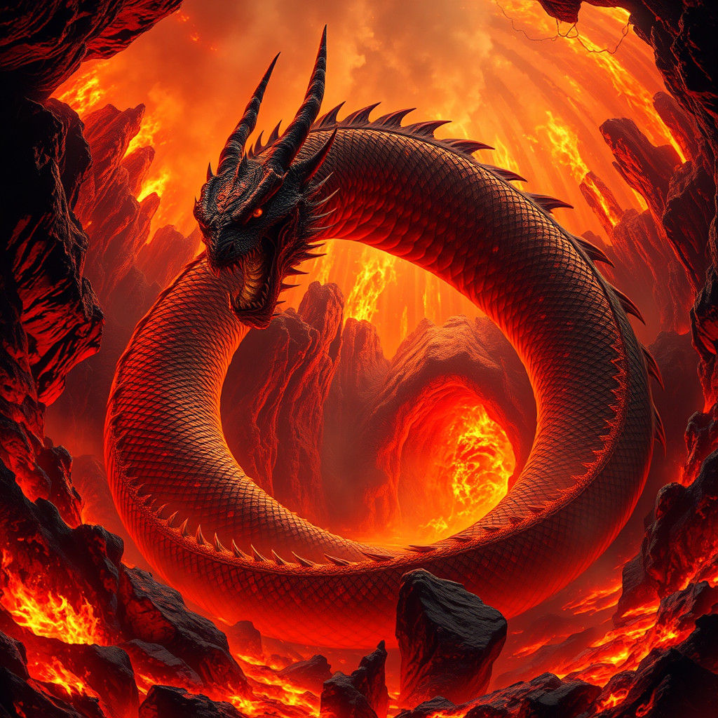 A colossal dragon, its scales shimmering with molten lava