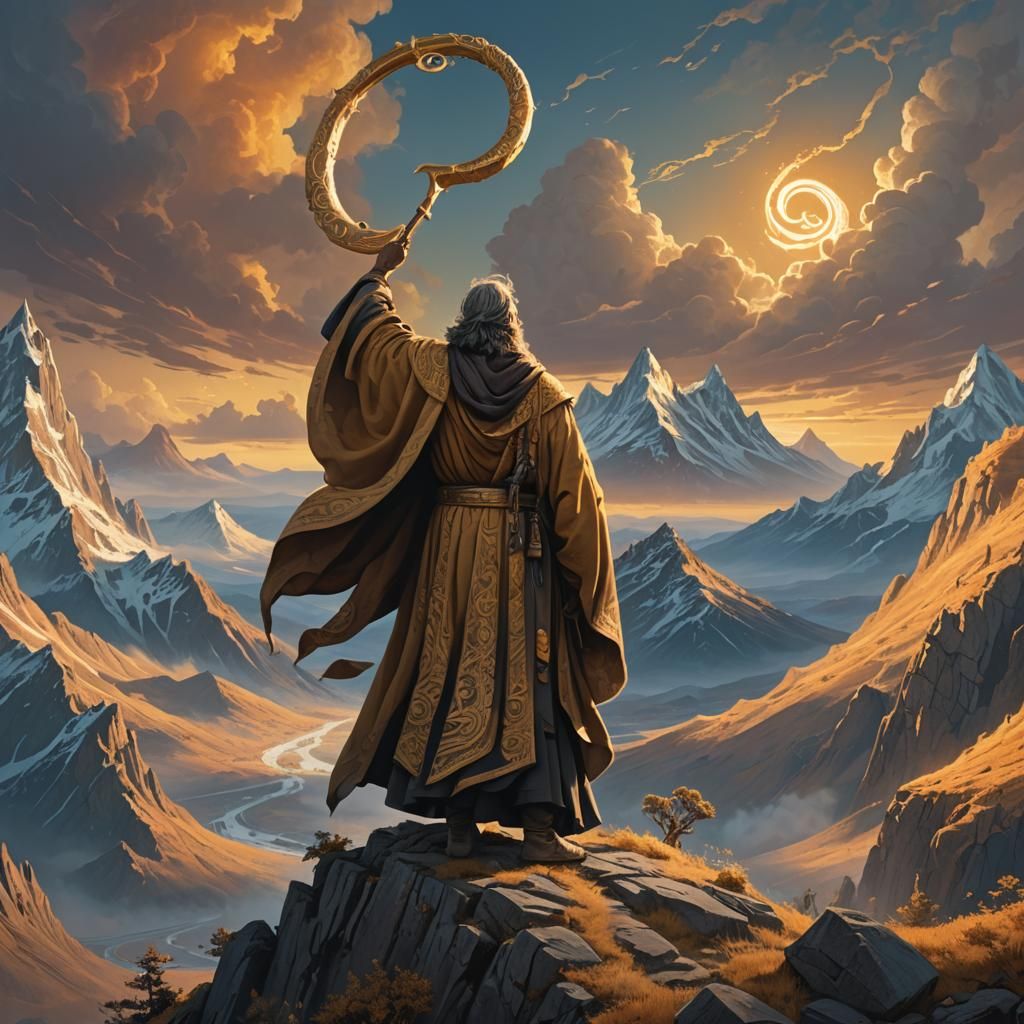 Mystical Figure with Shofar in Ornate Robes