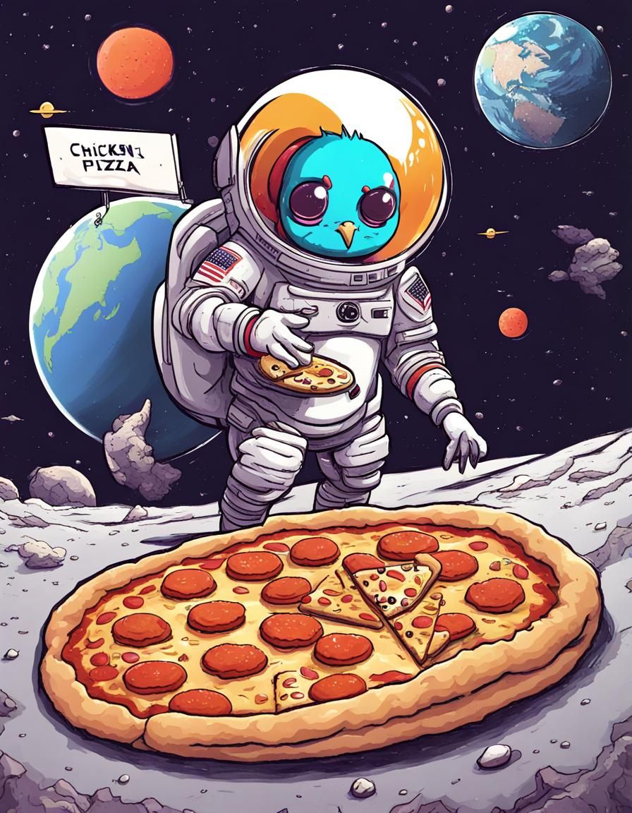 Space chicken eating a pizza on a planet