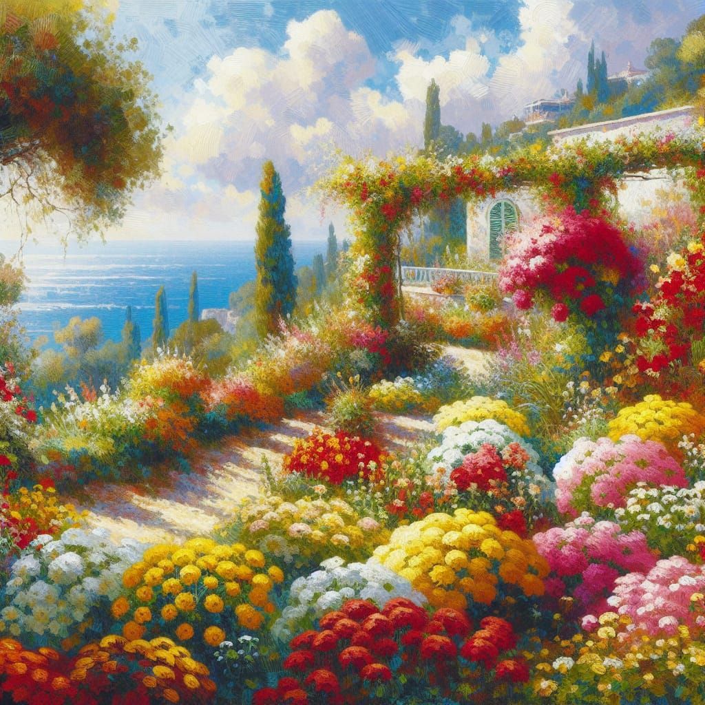 A impresionist image of a vibrant garden with a view of the ...