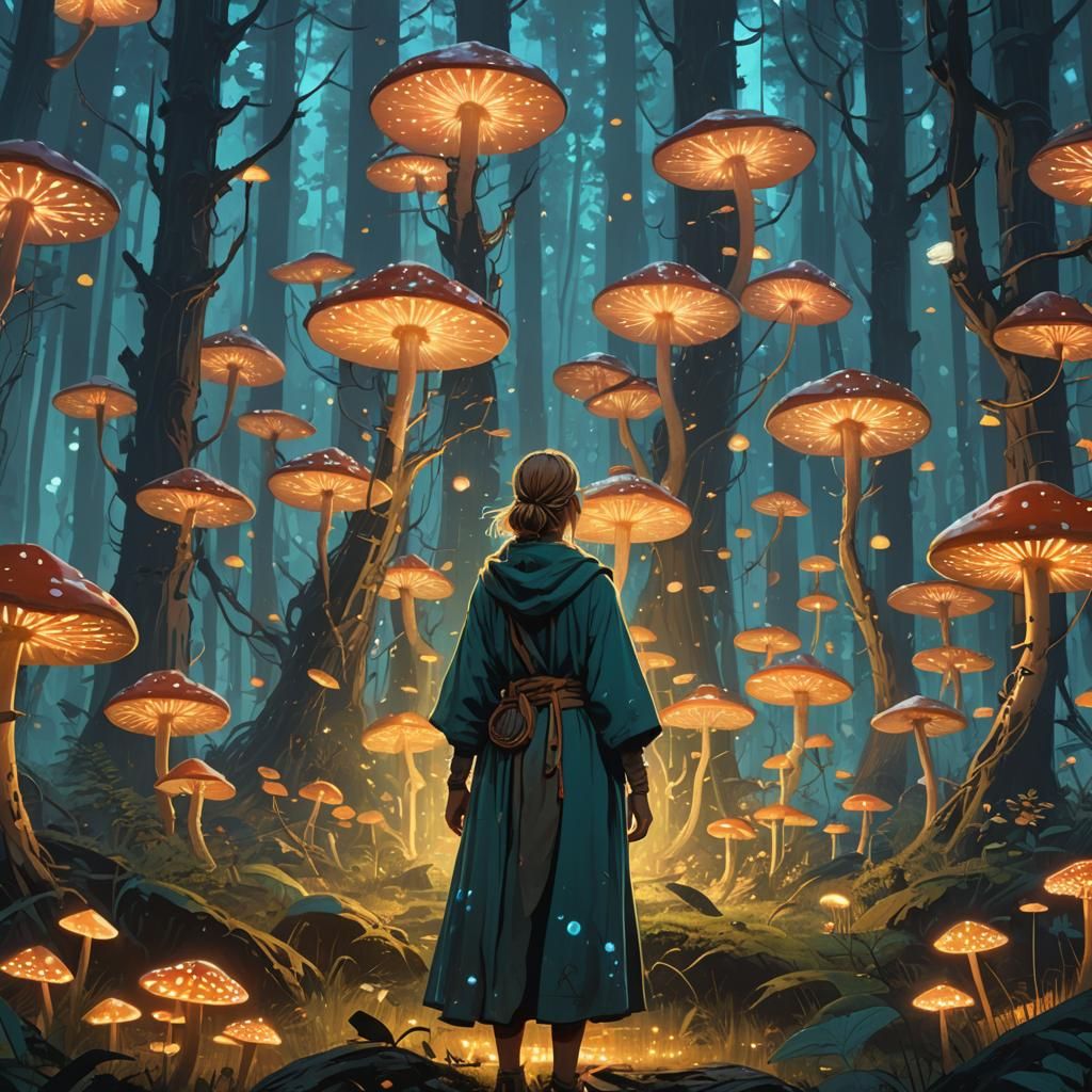 Mystical Woman in Enchanted Forest, Detailed Matte Painting