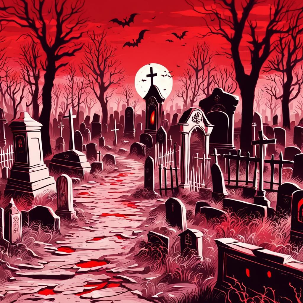 graveyard hellscape. scary animation. red light