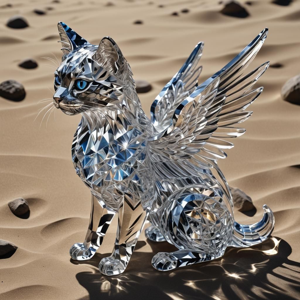 A stunningly intricate (((insanely Detailed crystal winged cat))), designed, with its constituent pieces ...  by @James Silvers