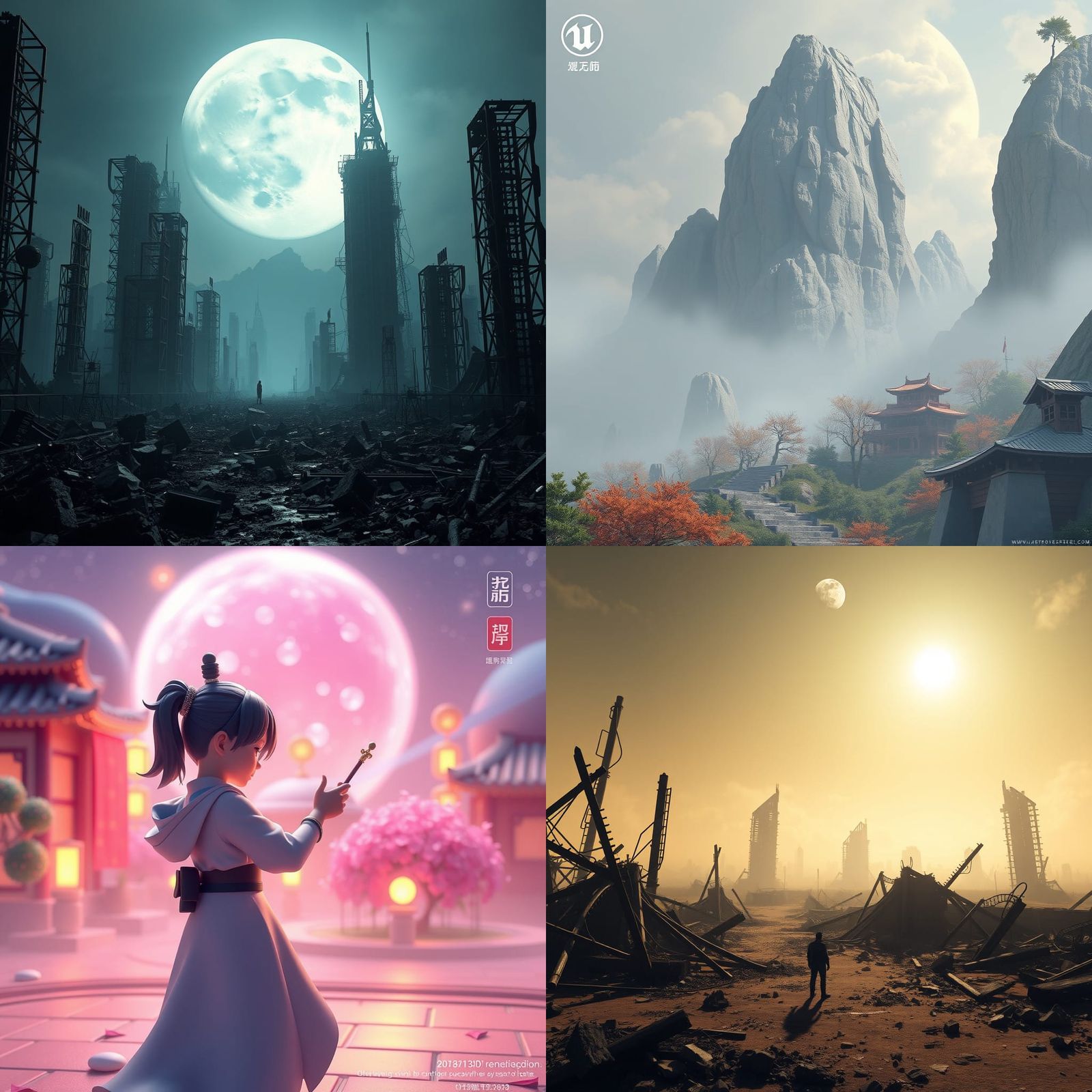 Post-Apocalyptic Moonscape with Ruined City in 3D