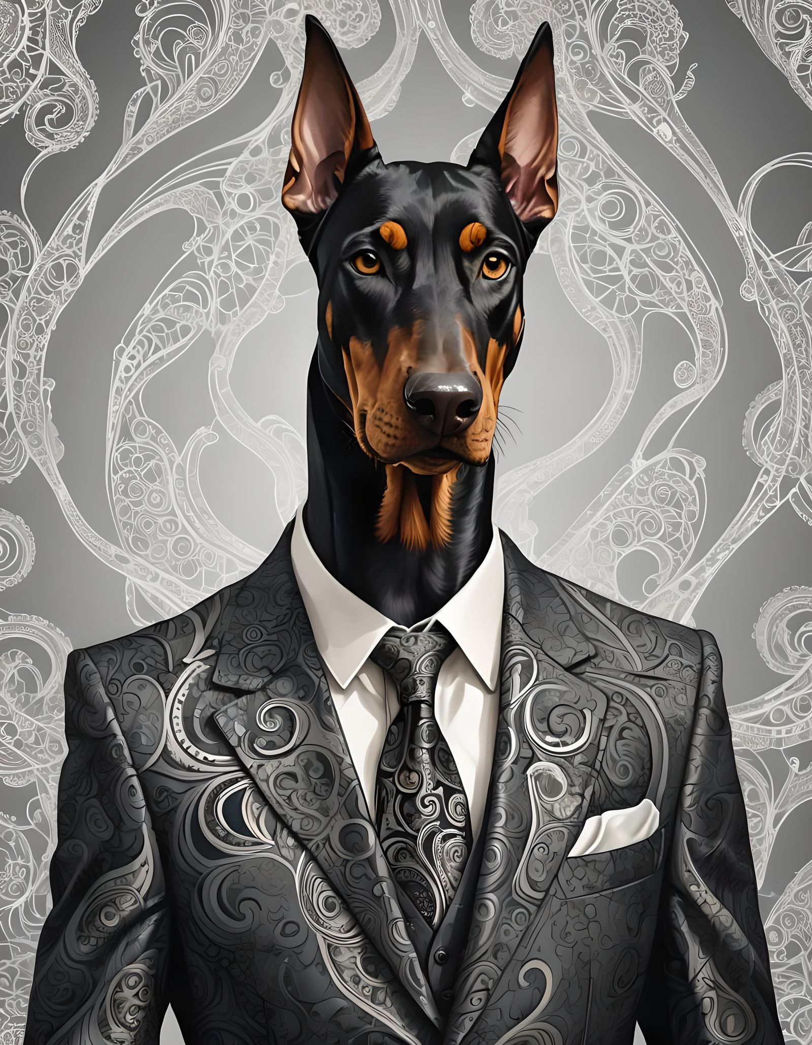 A  anthropomorphic Image of a  Doberman pincer dog wearing a...