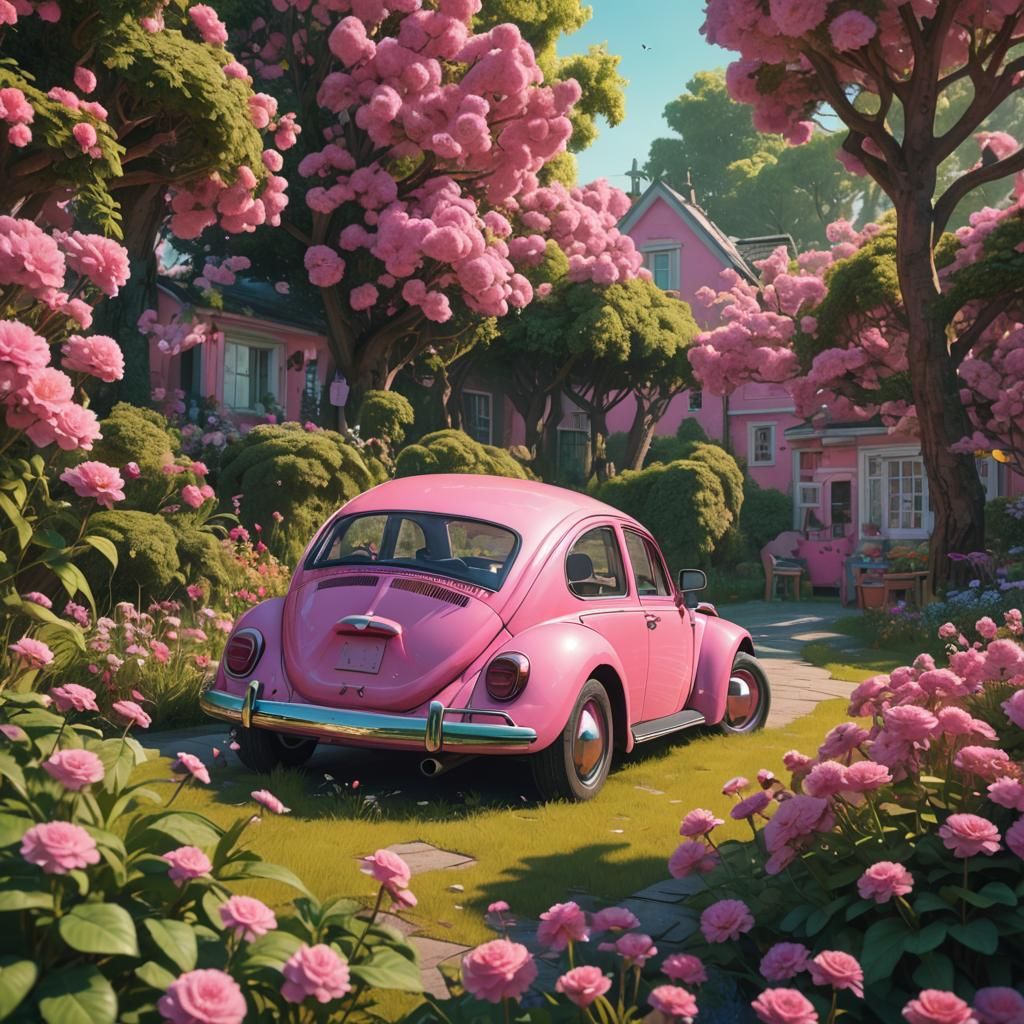  a pink volkswagen beetle car parked in a pink garden  by @IRON CLADE