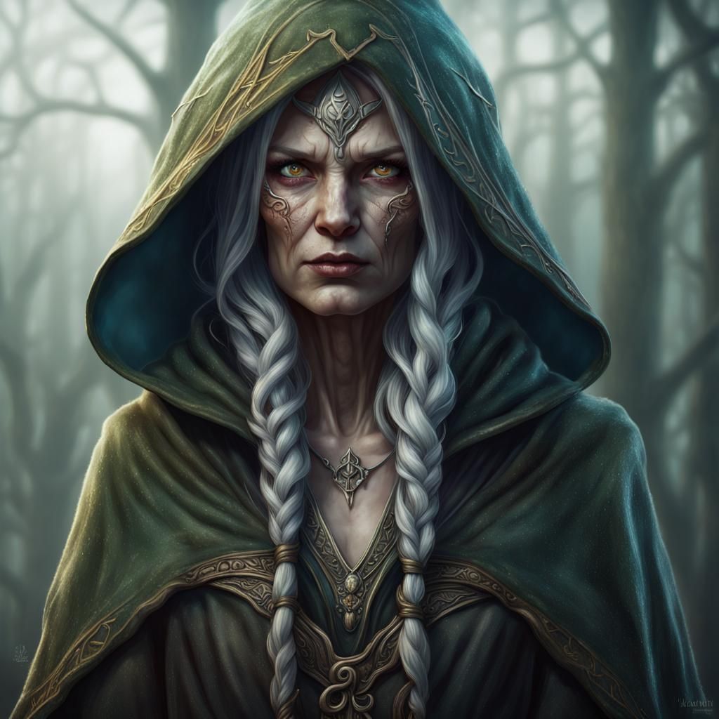 hooded portrait of a blind old female elf mystic with milky ...