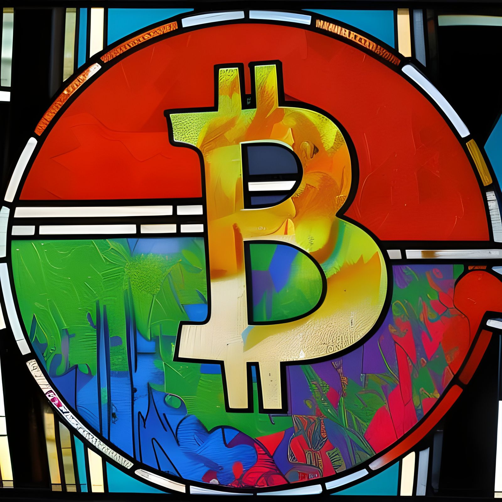 bitcoin coin themed stained glass, graffiti art, splash art, street art