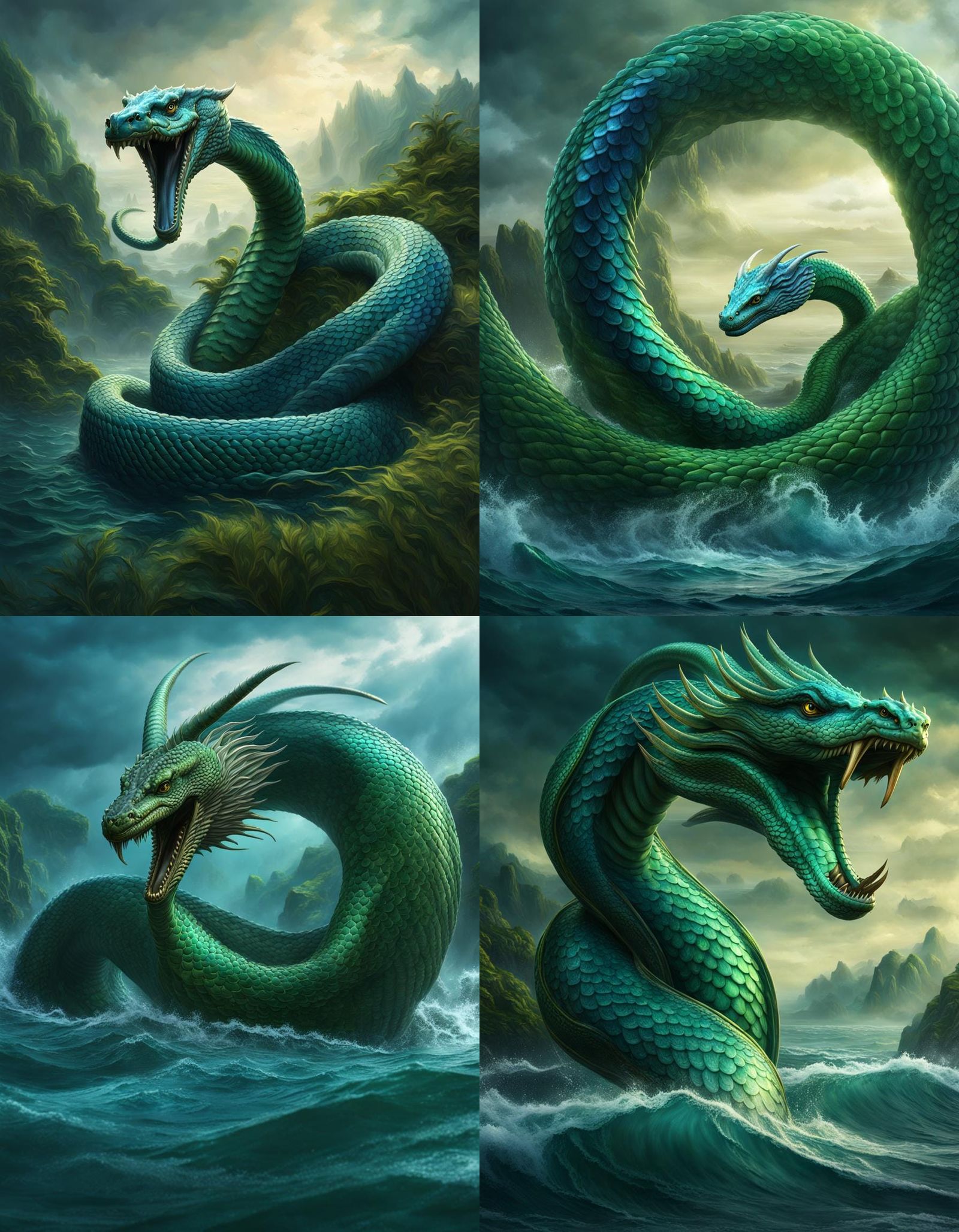 green and blue sea serpent rising out of the water. coiling. norse ...