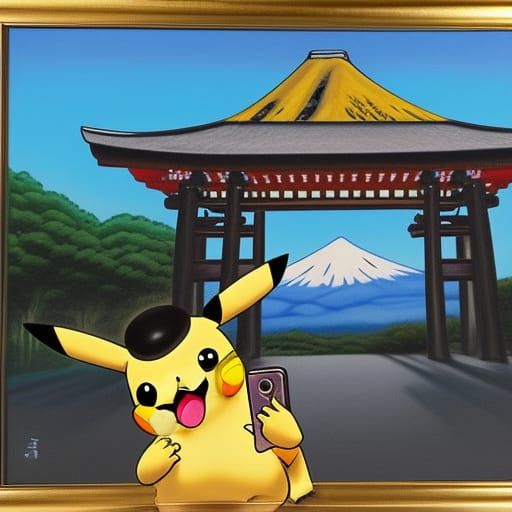 Pikachu taking a selfie in front of Mount Fuji