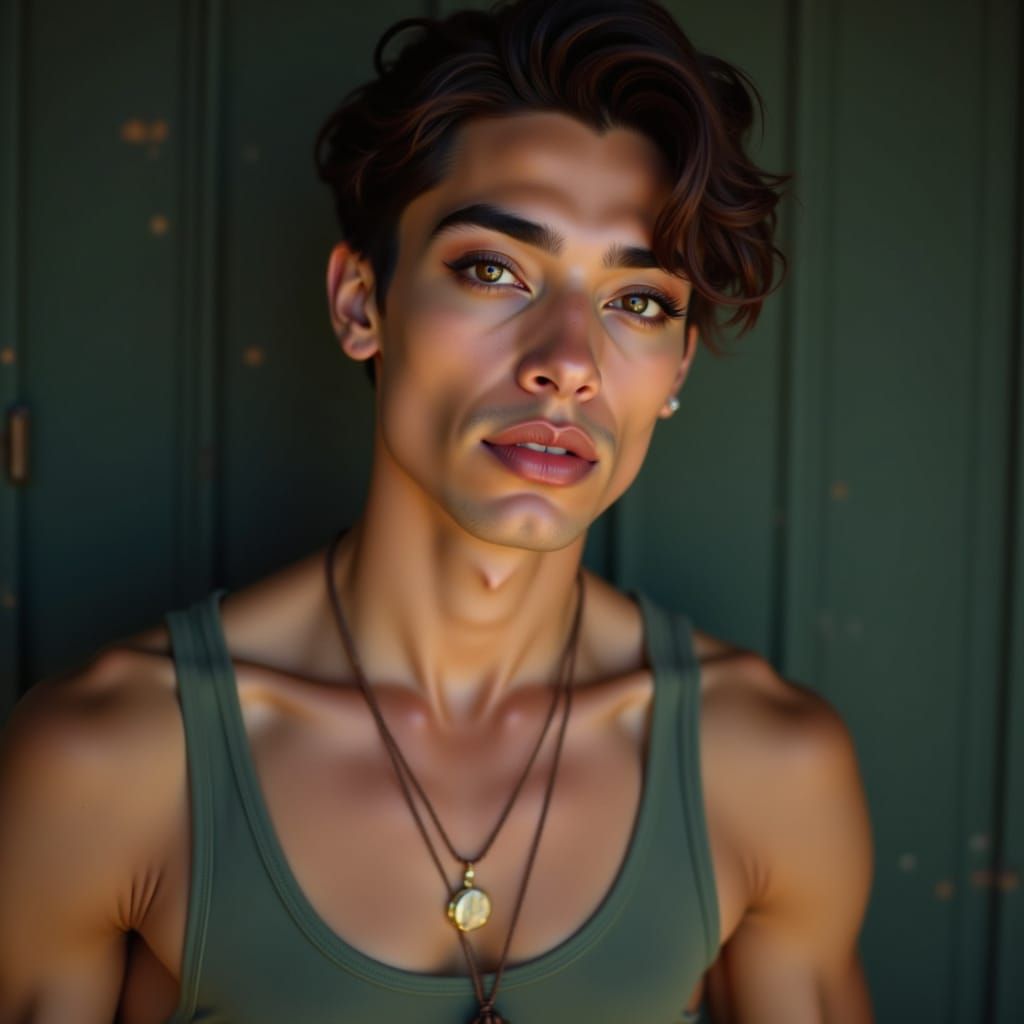 Male leaning Androgyny- Strikingly Pretty masculine presenting person, mid-twenties, slim dancers build, glamourous, striking, glossy lips b...